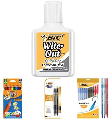 The BIC School Pens & Pencils Bundle including a bottle of white out, packets of coloured pencils, pens and gel pens.