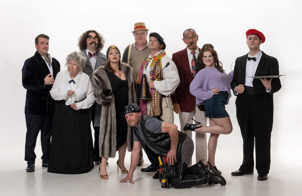Featured in Minerva Area Chamber of Commerce and Louisville Community Theatre's production of "Drop Dead" are, front row, Malcolm Dostroph; second row, Denise DiNarda, Loni Porter, Dave Pumneo, Sydney Lautzenheiser and Ryan Brady; and, back row, Nathan Meadows, Andrew McNutt, Roger Bartley and Don Marshall.