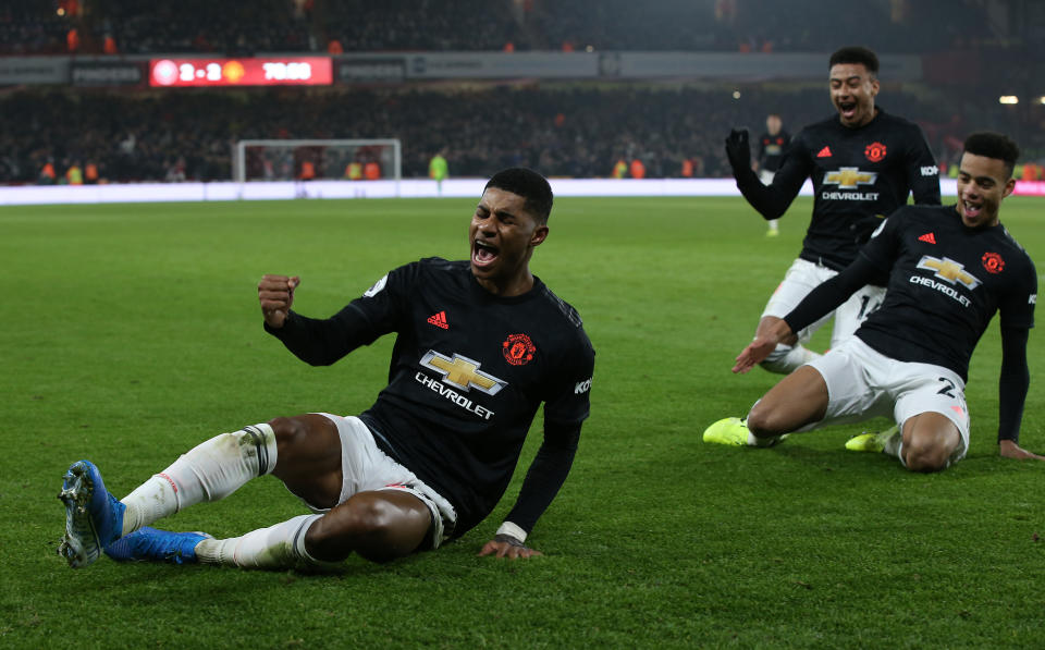 SHEFFIELD, ENGLAND - NOVEMBER 24: Marcus Rashford of Manchester United celebrates scoring their third goal during the Premier League match between Sheffield United and Manchester United at Bramall Lane on November 24, 2019 in Sheffield, United Kingdom. (Photo by Matthew Peters/Manchester United via Getty Images)