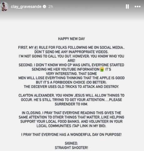 <p>clay gravesande/Instagram</p> Clay Gravesande reposts his mother's statement to his Instagram Stories