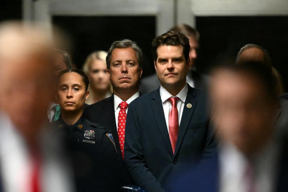 Matt Gaetz in the courthouse for Donald Trump’s trial on 16 May (via REUTERS)