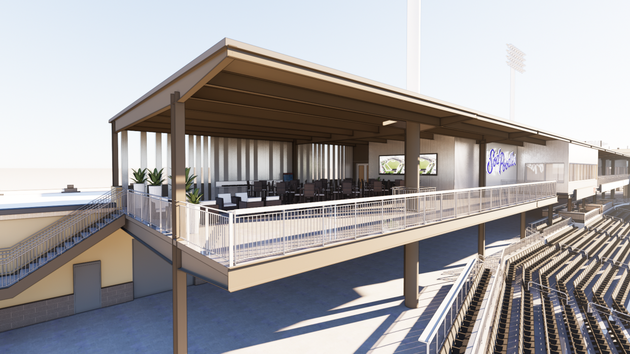 This provided rendering shows the City Federal Fiesta Deck at Hodgetown. This brand-new hospitality and group area, announced by the Amarillo Sod Poodles and City Federal Credit Union, is attached to the first base side of the suite level and will add a covered, exclusive option for larger groups of 100-150 people.