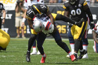 New England Patriots wide receiver Jakobi Meyers (16) is tackled by Pittsburgh Steelers linebacker Myles Jack (51) during the first half of an NFL football game in Pittsburgh, Sunday, Sept. 18, 2022. (AP Photo/Don Wright)