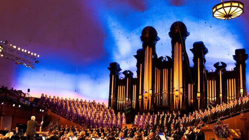 The Morehouse College Glee Club and the Spelman College Glee Club perform with The Tabernacle Choir at Temple Square at their weekly Sunday broadcast of "Music & the Spoken Word" at the Salt Lake Tabernacle in Salt Lake City on Sunday, Oct. 22, 2023.