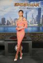 <p>For the premiere of ‘Spider-Man: Homecoming’, Zendaya donned a striped dress by Altuzarra. She finished the aesthetic with heels by La Silla. <em>[Photo: Getty]</em> </p>