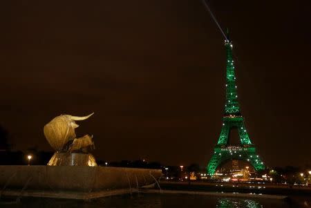 The Eiffel tower is illuminated in green, with the words " Paris Agreement is Done", to celebrate the Paris U.N. COP21 Climate Change agreement in Paris, France, November 4, 2016. REUTERS/Jacky Naegelen