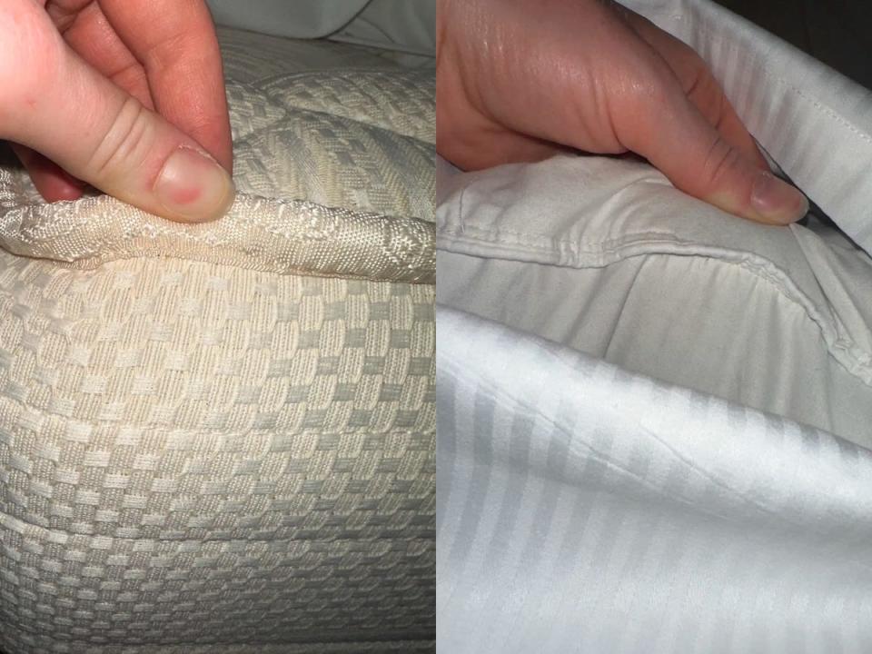 Hand checking white matress next to image of hand checking white pillow