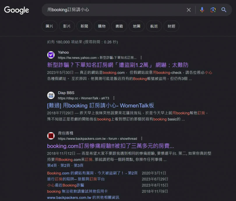 多個網站討論版大量出現「Booking.com詐騙」示警，警方提醒民眾可撥打165專線查證、辨別。（圖／翻攝網路）