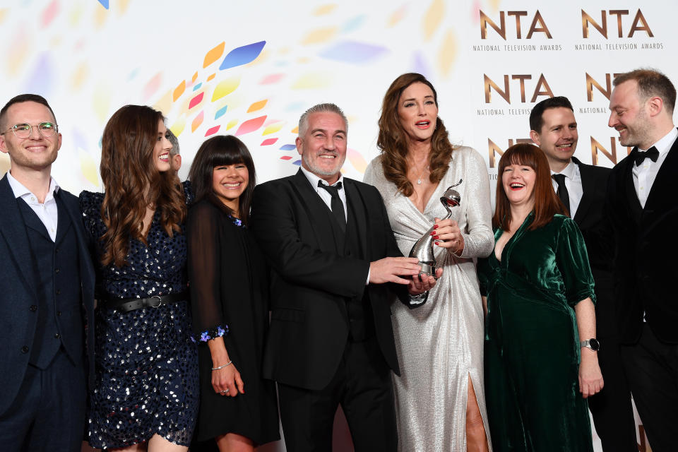 LONDON, ENGLAND - JANUARY 28: Winner of the Best Challenge Show Award, Paul Hollywood of The Great British Bake Off poses with Caitlyn Jenner in the winners room attends the National Television Awards 2020 at The O2 Arena on January 28, 2020 in London, England. (Photo by Gareth Cattermole/Getty Images)