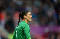 Jul 31, 2012; Manchester , United Kingdom; USA goalie Hope Solo in the rain against North Korea during the women's preliminary round in the London 2012 Olympic Games at Old Trafford. USA defeated North Korea 1-0. Mandatory Credit: Mark J. Rebilas-USA TODAY Sports