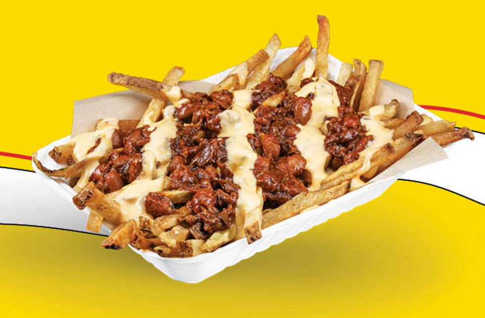 Dickey’s brisket chili beer cheese fries.