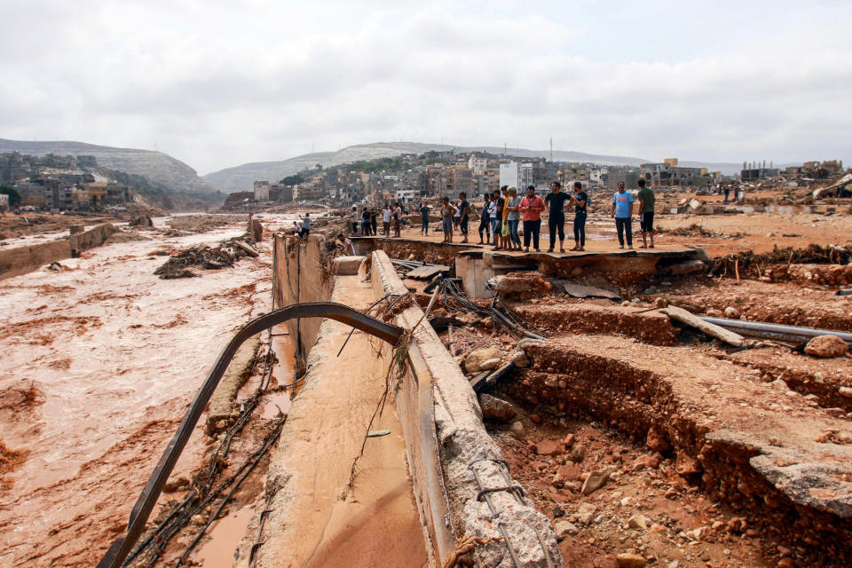 People look at the damage caused by freak floods in Derna, eastern Libya, on September 11, 2023.  (AFP - Getty Images)