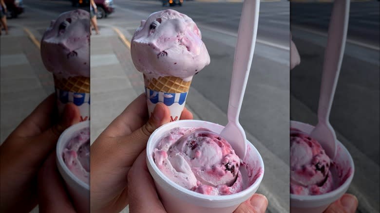huckleberry ice cream cone and cup