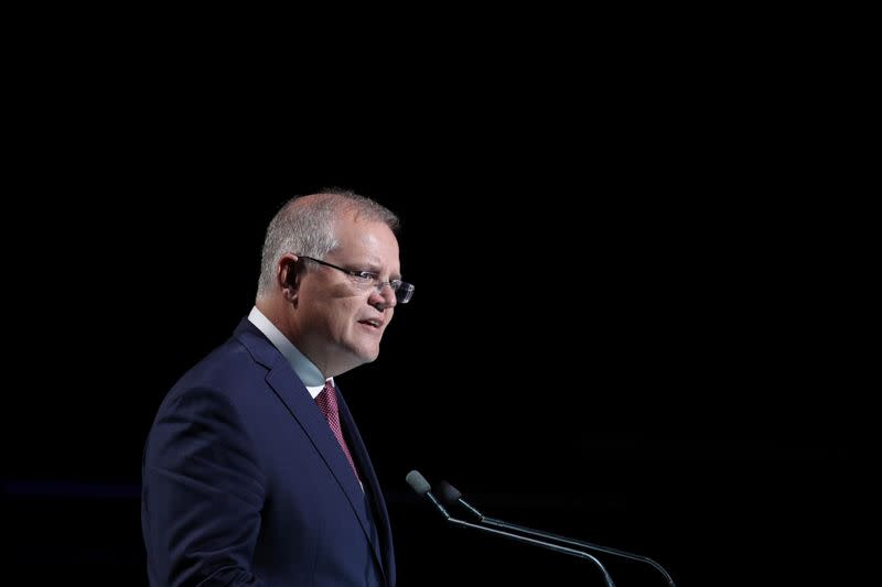 FILE PHOTO: Australian Prime Minister Morrison speaks during a state memorial honouring victims of the Australian bushfires in Sydney