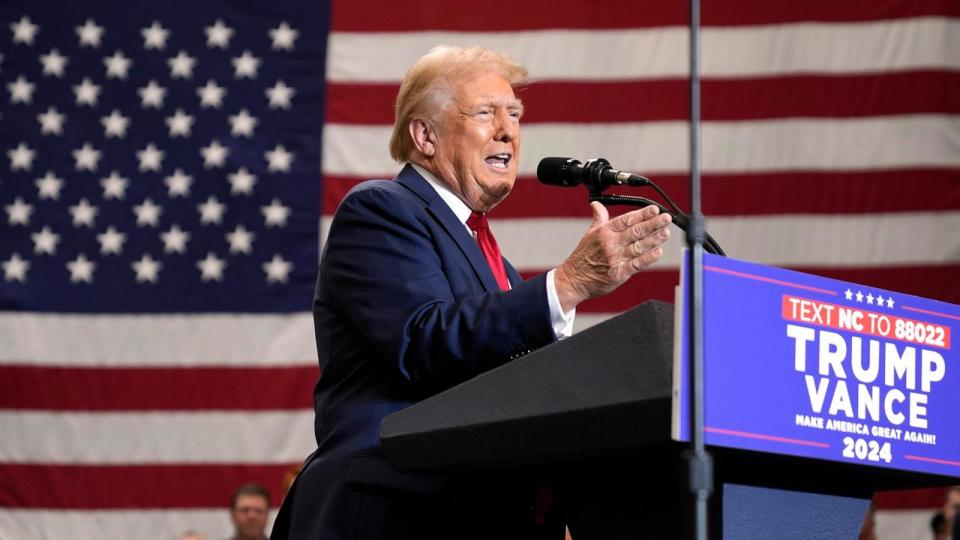 PHOTO: Republican presidential nominee former President Donald Trump speaks during a campaign event, on Sept. 25, 2024, in Mint Hill, N.C.  (Evan Vucci/AP)