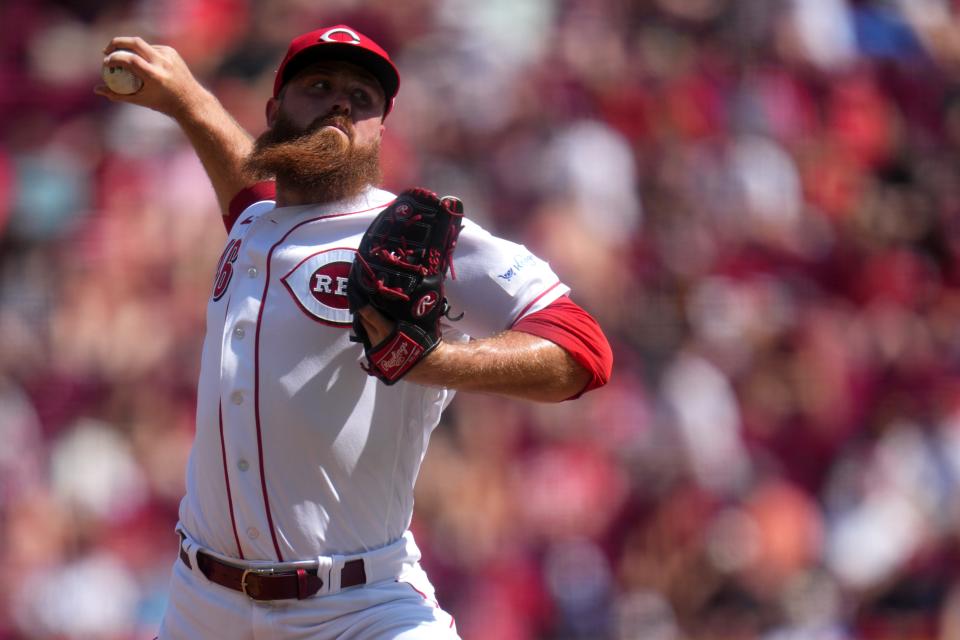 Jun 25, 2023; Cincinnati, Ohio, USA;  Cincinnati Reds relief pitcher Buck Farmer (46) delivers in the eighth inning of a baseball game against the Atlanta Braves at Great American Ball Park. The Atlanta Braves won, 7-6. Mandatory Credit: Kareem Elgazzar-USA TODAY Sports