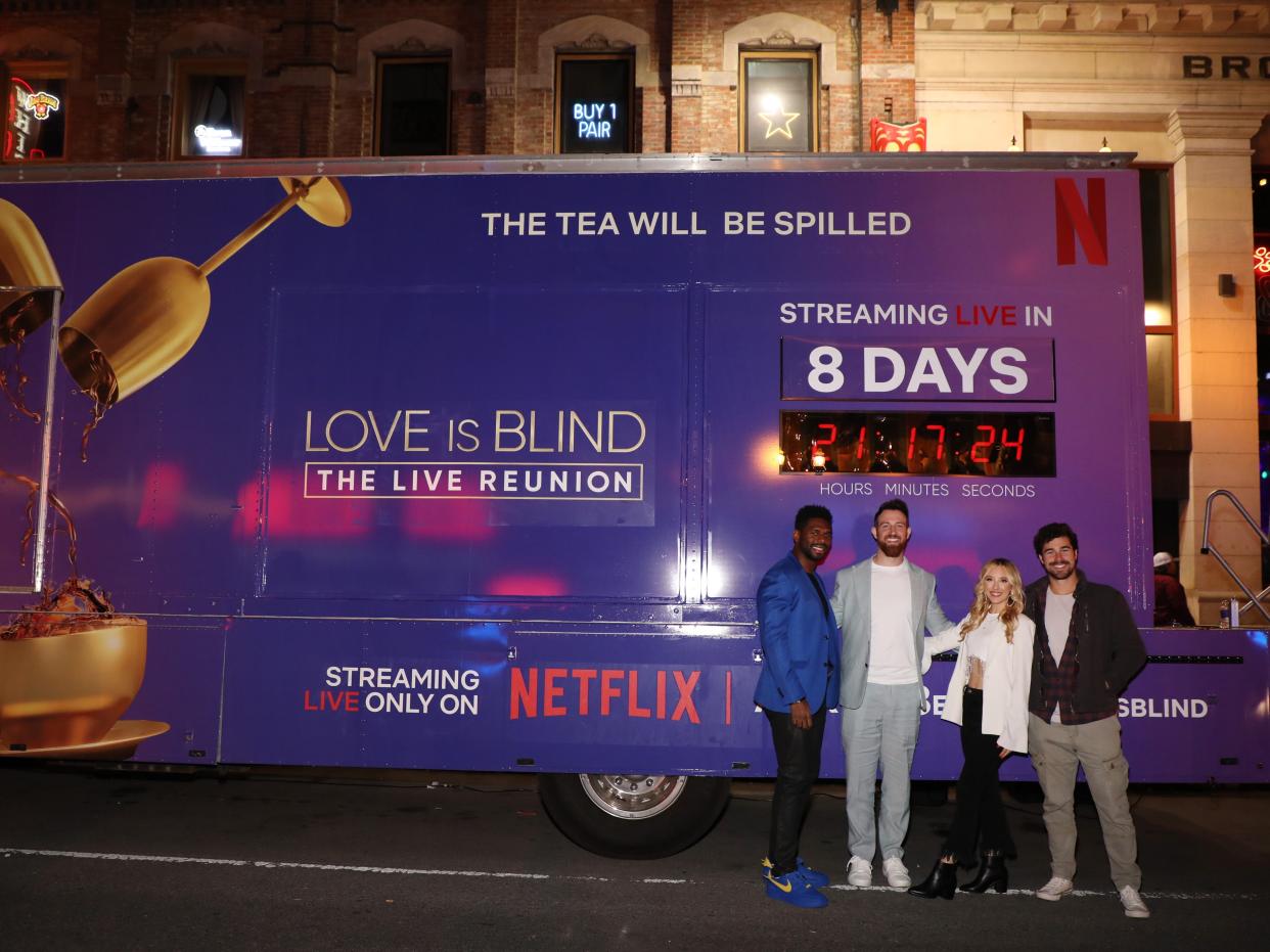 Love Is Blind cast, Brett Brown, Cameron Hamilton, Chelsea Griffin and Cole Barnett celebrate Netflix's first Live Reunion with the Iconic Pods in Nashville on April 07, 2023 in Nashville, Tennessee.