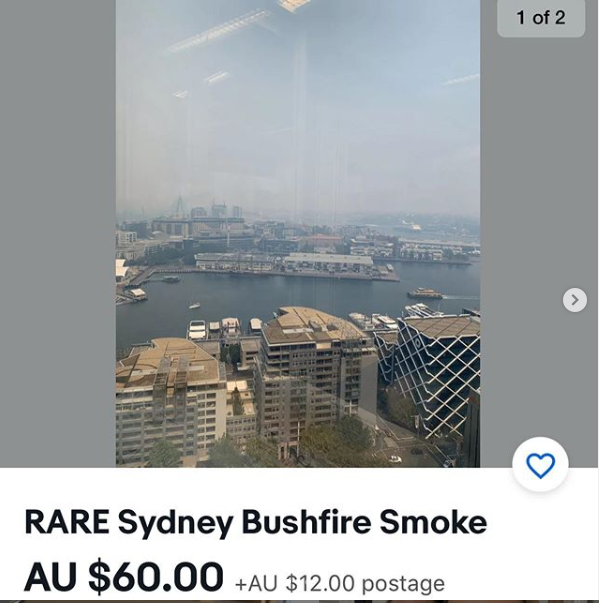 Screenshot from eBay post of Sydney covered in smoke haze from listing of man selling 'RARE Sydney Bushfire Smoke'