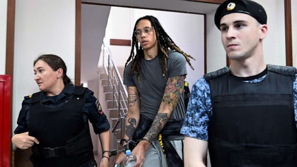 PHOTO:  U.S. basketball star Brittney Griner, in handcuffs, arrives to hearing in Khimki court outside Moscow, June 27, 2022. (Kirill Kudryavtsev/AFP via Getty Images)