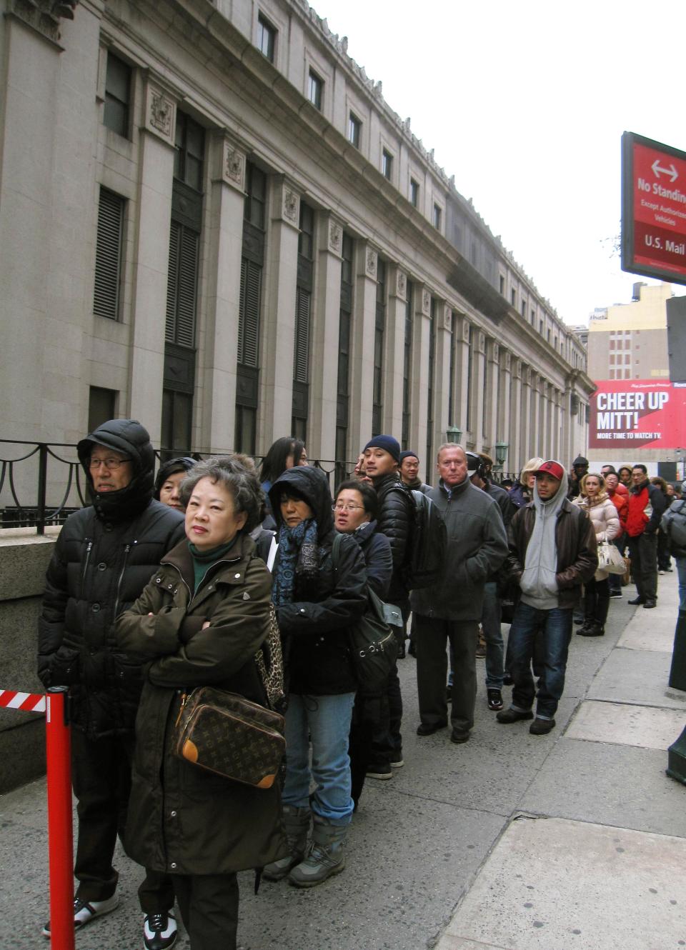 This 2012 image shows a line of shoppers waiting to get into Soiffer Haskin, a showroom for designer sample sales on 33rd Street in New York. Sample sales are offered at a number of venues around the city, offering leftover designer merchandise at deep discounts. Fans find the sales by signing up for email announcements and scouring shopping calendars and websites specializing in fashion and shopping news. Lines to get in to sales for well-known designers can be long. (AP Photo/Beth Harpaz)