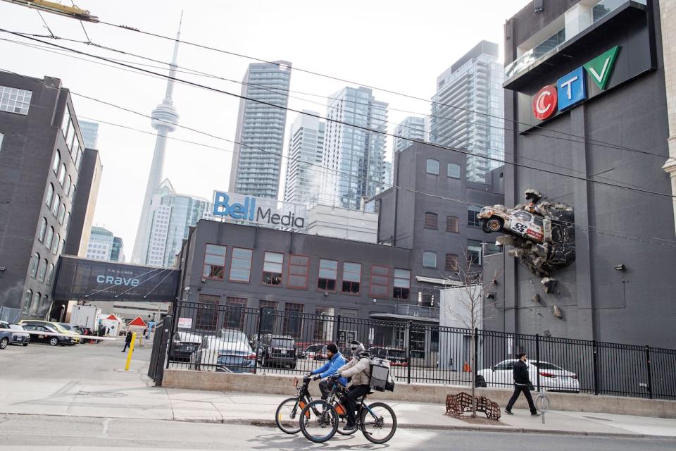 The Bell Media Studios in downtown Toronto are pictured on Feb. 8, 2024. Bell Media is ending multiple television newscasts and making other programming cuts after its parent company BCE Inc. announced widespread layoffs and the sale of 45 of its 103 regional radio stations. 