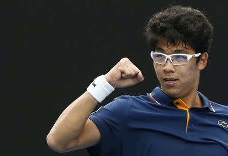 Tennis - Australian Open - Rod Laver Arena, Melbourne, Australia, January 20, 2018. Chung Hyeon of South Korea reacts after winning against Alexander Zverev of Germany. REUTERS/Thomas Peter