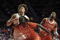 Texas Rio Grande Valley's Donte Houston Jr. (23) and Xavier Johnson (13) and Illinois' Benjamin Bosmans-Verdonk vie for a rebound during the first half of an NCAA college basketball game Friday, Nov. 26, 2021, in Champaign, Ill. (AP Photo/Michael Allio)