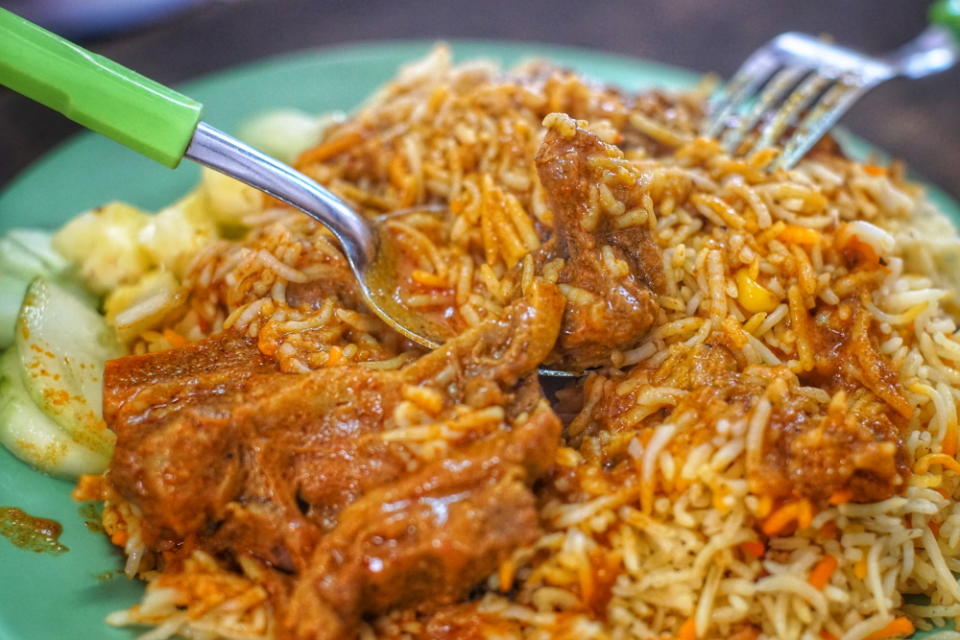 Close-up of plate of briyani