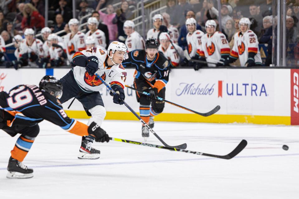 Coachella Valley Firebirds' forward Max McCormick shoots the puck in the third period during a 4-2 win over the San Diego Gulls on Sunday, Jan. 22, 2023 at Acrisure Arena.