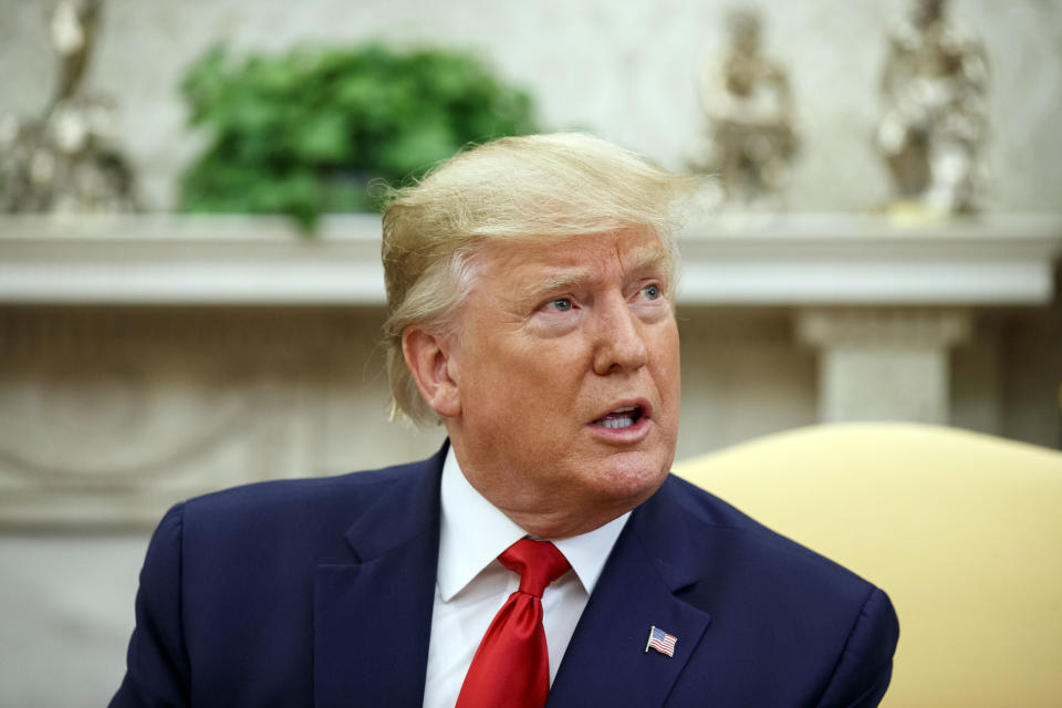 President Donald Trump speaks during a meeting with the Dutch Prime Minister Mark Rutte in the Oval Office of the White House, Thursday, July 18, 2019, in Washington. (AP Photo/Alex Brandon)