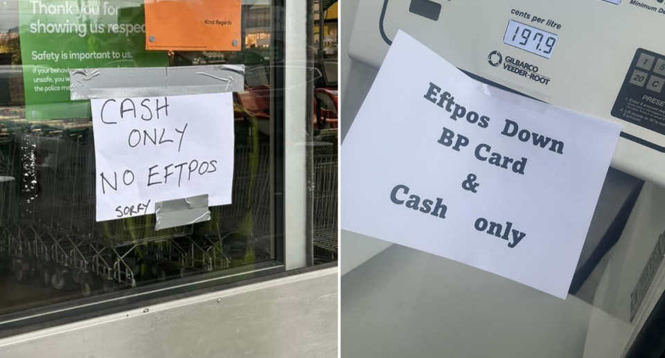 Signs saying EFTPOS down at a supermarket and BP station