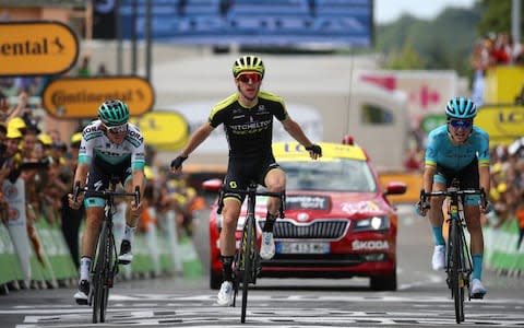 Arrival / Gregor Muhlberger of Austria and Team Bora-Hansgrohe / Simon Yates of United Kingdom and Team Mitchelton-Scott Celebration / Pello Bilbao of Spain and Astana Pro Team / during the 106th Tour de France 2019, Stage 12 a 209,5km stage from Toulouse to BagnÃ¨res-de-Bigorre - Credit: Velo