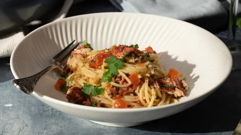 A bowl of lobster spaghetti