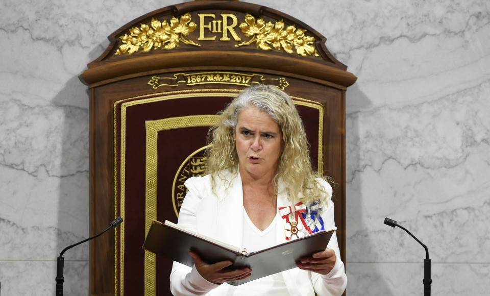 Canada's Governor General Julie Payette delivers the Throne Speech in the Senate, as parliament prepares to resume in Ottawa, Ontario, Canada, on September 23, 2020. (Photo by Adrian Wyld / POOL / AFP) (Photo by ADRIAN WYLD/POOL/AFP via Getty Images)