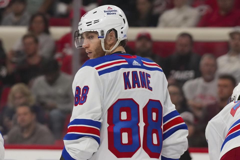 New York Rangers right wing Patrick Kane (88) looks on against the Carolina Hurricanes during the third period at PNC Arena on March 23, 2023