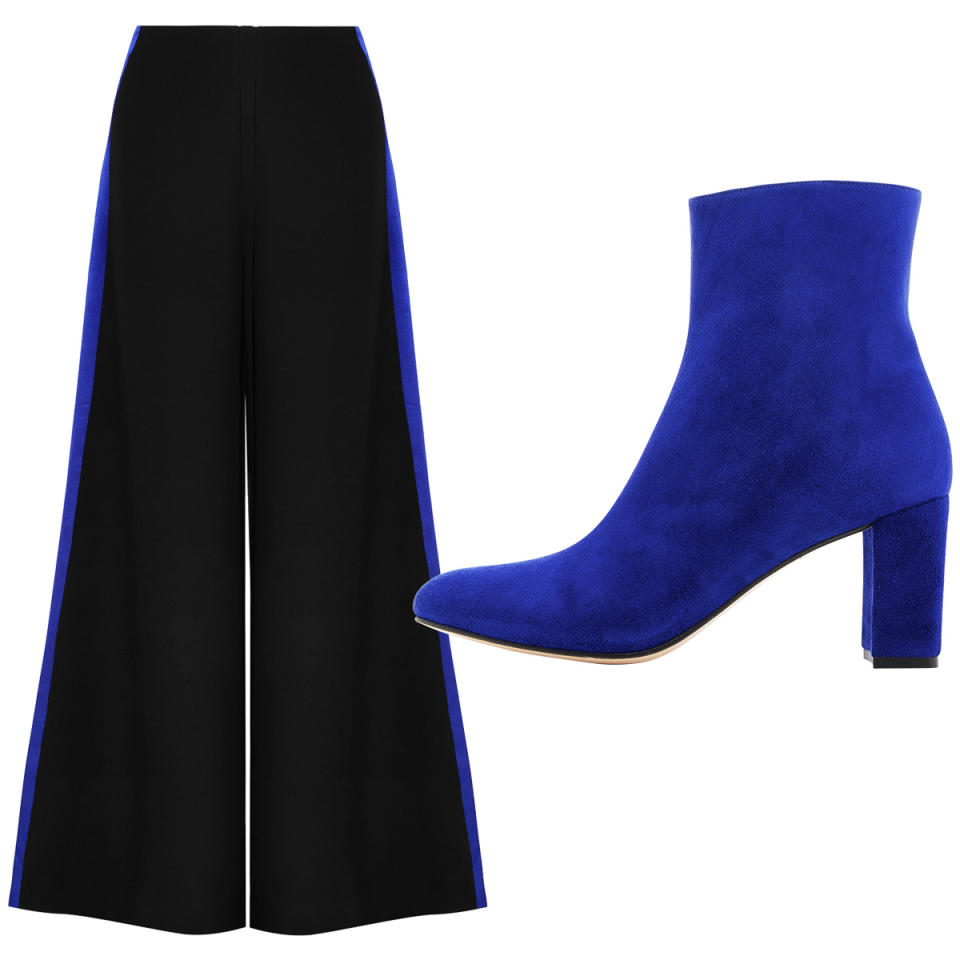 Cobalt Trimmed Wide Leg Pants with Suede Ankle Boots