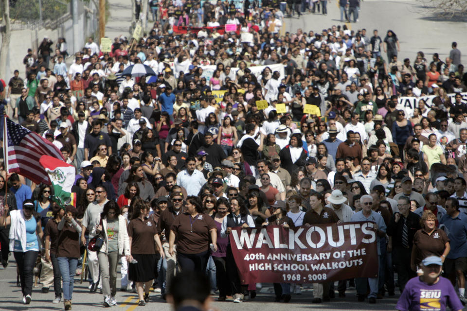 On its 40th anniversary, more than a thousand marchers turned to march from Lincoln High School to commemorate the 1968 East LA school walkout that launched the Chicano Civil Rights Movement.