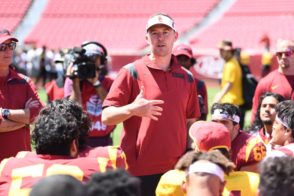 Trojans head coach Lincoln Riley comes from immense success at Oklahoma. Can he duplicate that at a once-proud USC program? (Photo by Brian Rothmuller/Icon Sportswire via Getty Images)