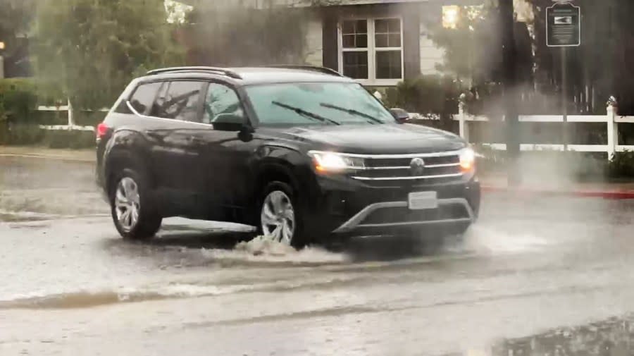 Major roadway flooding in Encino as severe thunderstorms covered Southern California on March 7, 2024. (KTLA)