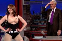 Tina fey traded in her fancy royal blue dress with black sequin and bead embellishment for compression shorts, a nude bra and a black leotard. The comedienne took it all off for her final appearance on the <i>Late Show with David Letterman</i> and gave her dress as a present to the talk show host explaining “Because this is my last time wearing a fancy dress on a talk show and conforming to gender norms out of respect for you.”