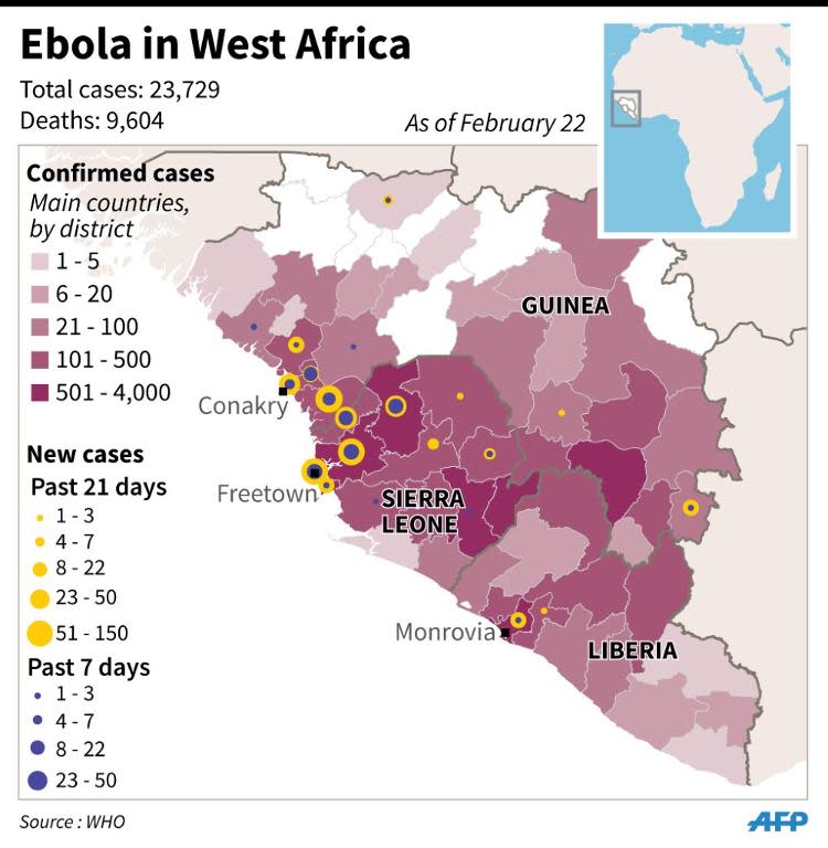 Map showing the distribution of cases of Ebola in West Africa