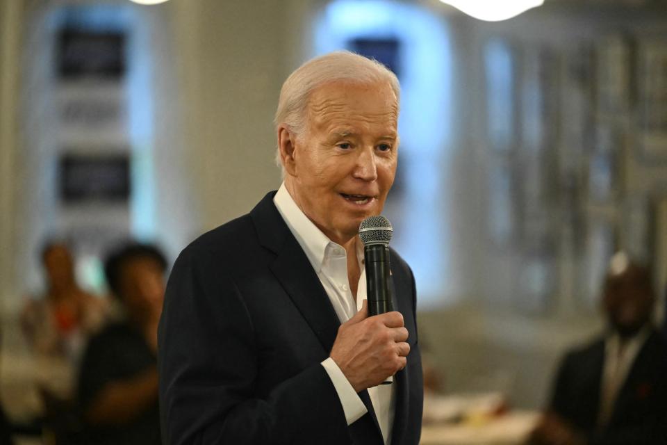 President Joe Biden speaks to supporters and volunteers during a campaign event at Mary Mac's Tea Room in Atlanta, Georgia on May 18, 2024.