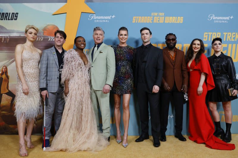 From left to right, Jess Bush, Bruce Horak, Celia Rose Gooding, Anson Mount, Rebecca Romijn, Ethan Peck, Babs Olusanmokun, Christina Chong, and Melissa Navia arrive on the red carpet at the New York premiere of "Star Trek: Strange New Worlds" in 2022. File Photo by John Angelillo/UPI