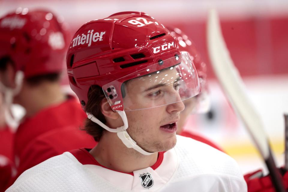 Marco Kasper watches other players go through drills during the Red Wings development camp at the practice rink at the Little Caesars Arena on Tuesday, July 4, 2023.