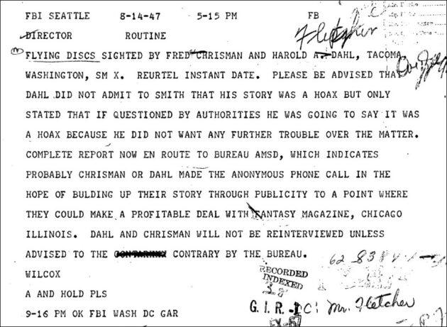 A teletype from FBI Special Agent Jack Wilcox discusses Harold Dahl’s UFO report. (FBI Image)