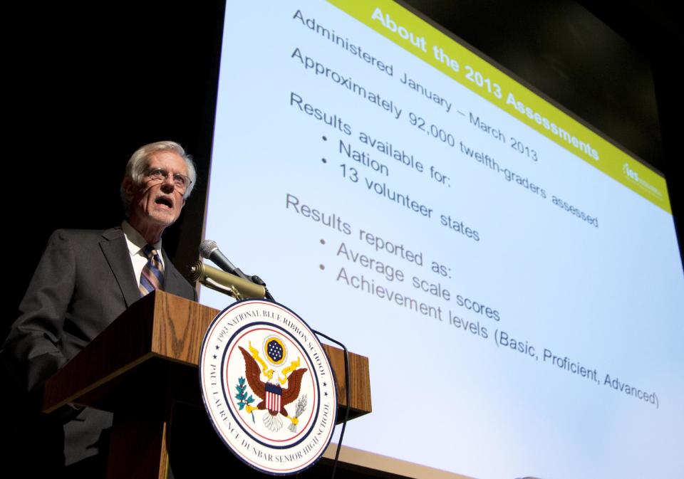 John Easton, Director of the Institute of Education Sciences and Acting Commissioner of the National Center for Education Statistics, speaks during a program at Dunbar High School, Wednesday, May 7, 2014, in Washington, to announce results of The Nation's Report Card: 2013 Mathematics and Reading, Grade 12, which details 12th graders' performance in mathematics and reading nationwide and in 13 pilot states. In an abysmal showing, only about one-quarter of U.S. high school seniors performed solidly in math in a major assessment known as the nation's report card, reinforcing concerns that large numbers of students are unprepared for either college or the workplace. (AP Photo/Carolyn Kaster)