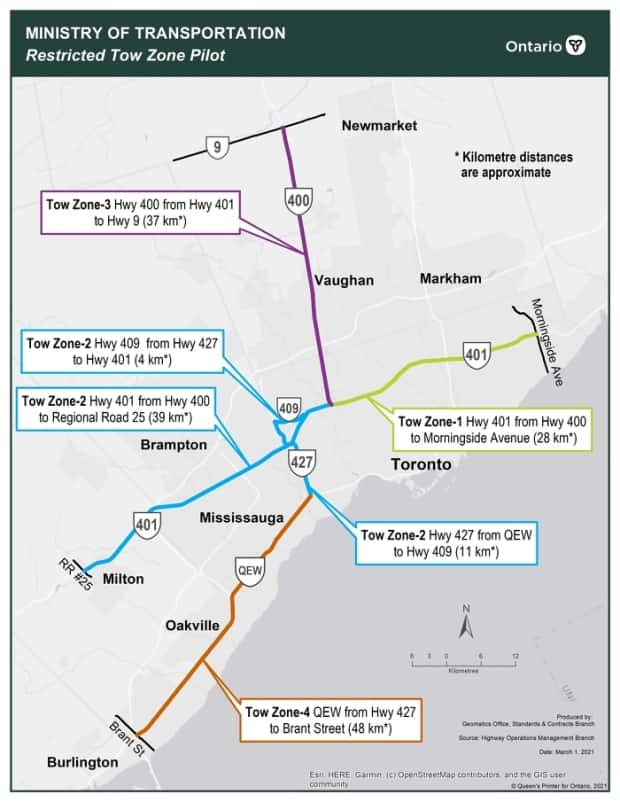 A map released by the province, showing new restricted towing zones on highways in the GTA.