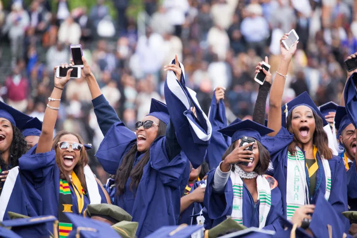 Washington, D.C.  On Saturday, May 7 at Howard University Upper Quandrangle University Campus, graduates celebrate, at the 148th Commencement Convocation.  (Photo by Cheriss May/NurPhoto via Getty Images)
