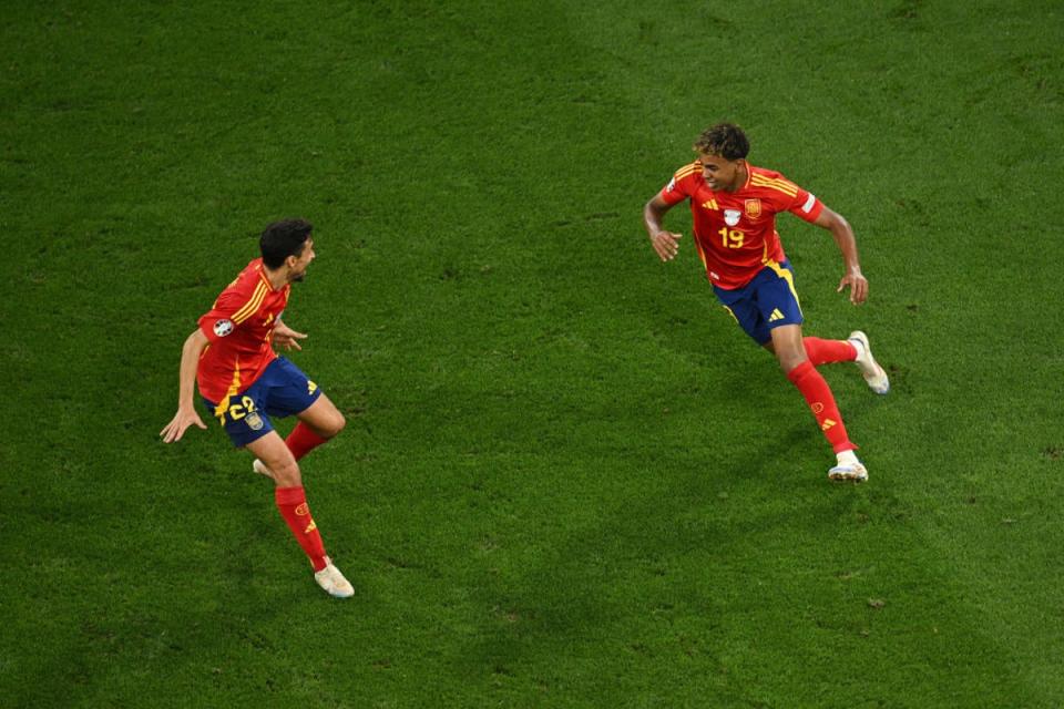 Yamal celebrates after scoring Spain’s spectacular equaliser against France in the semi-final of Euro 2024 (Getty Images)