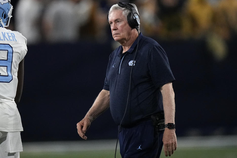 North Carolina head coach Mack Brows is shown during the second half of an NCAA college football game against Georgia Tech , Saturday, Oct. 28, 2023, in Atlanta. (AP Photo/John Bzemore)